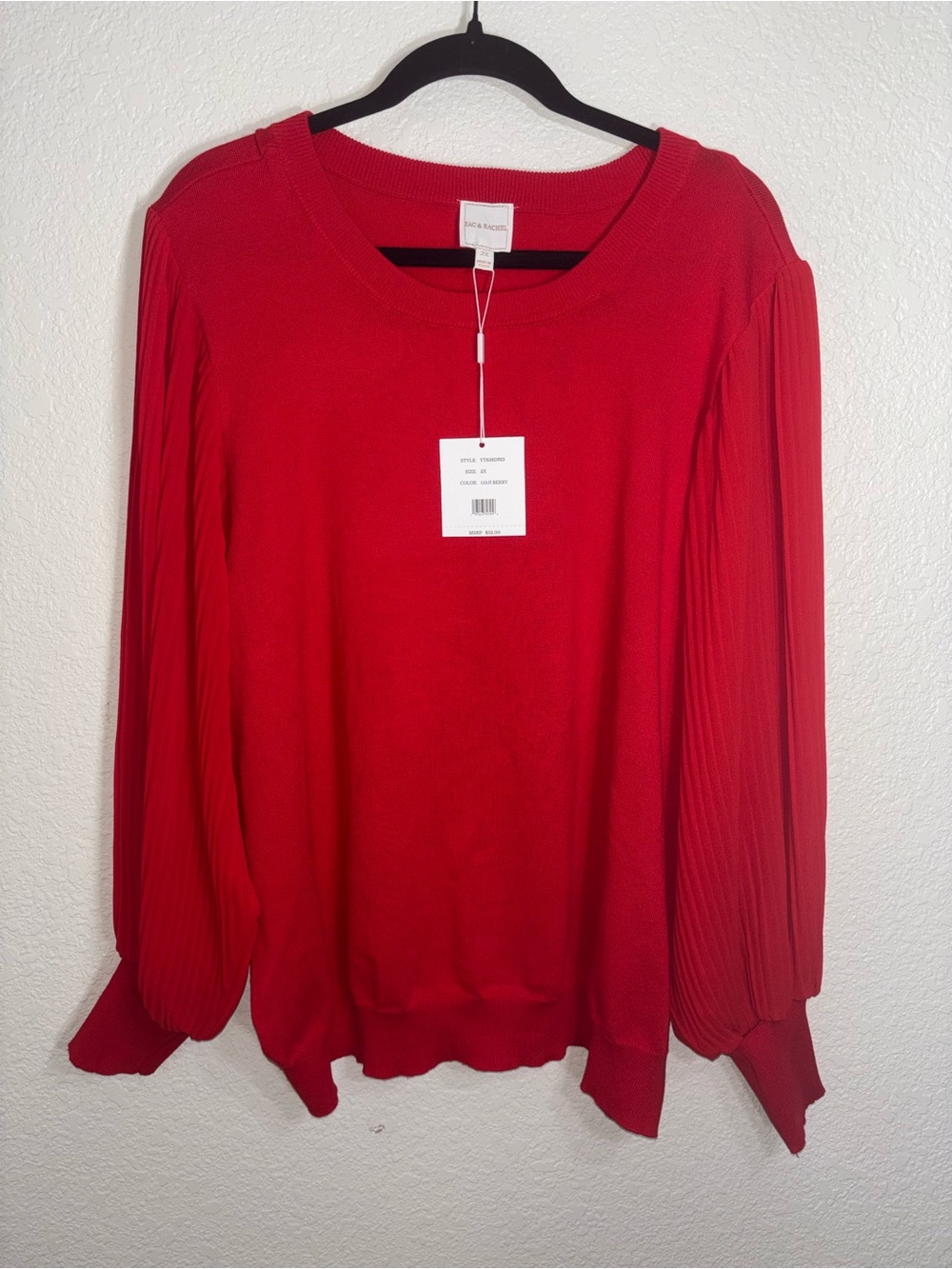NWT Women's Zac & Rachel Red Long-Sleeve Pleated Sleeve Top